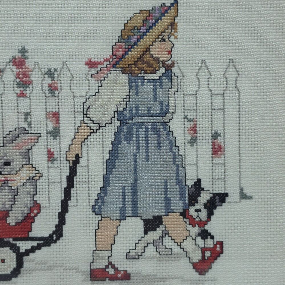 Vintage Framed Handmade Cross Stitch Embroidery 17"x10" Girl With Toys In Cart - Picture 3 of 7